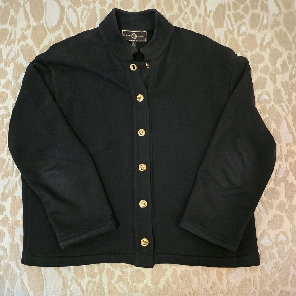 St. John Black Size M Sweater Gold Twist Lock Buttons Mandarin Collar Academia - Picture 2 of 12